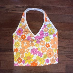 White halter top with orange and pink flowers